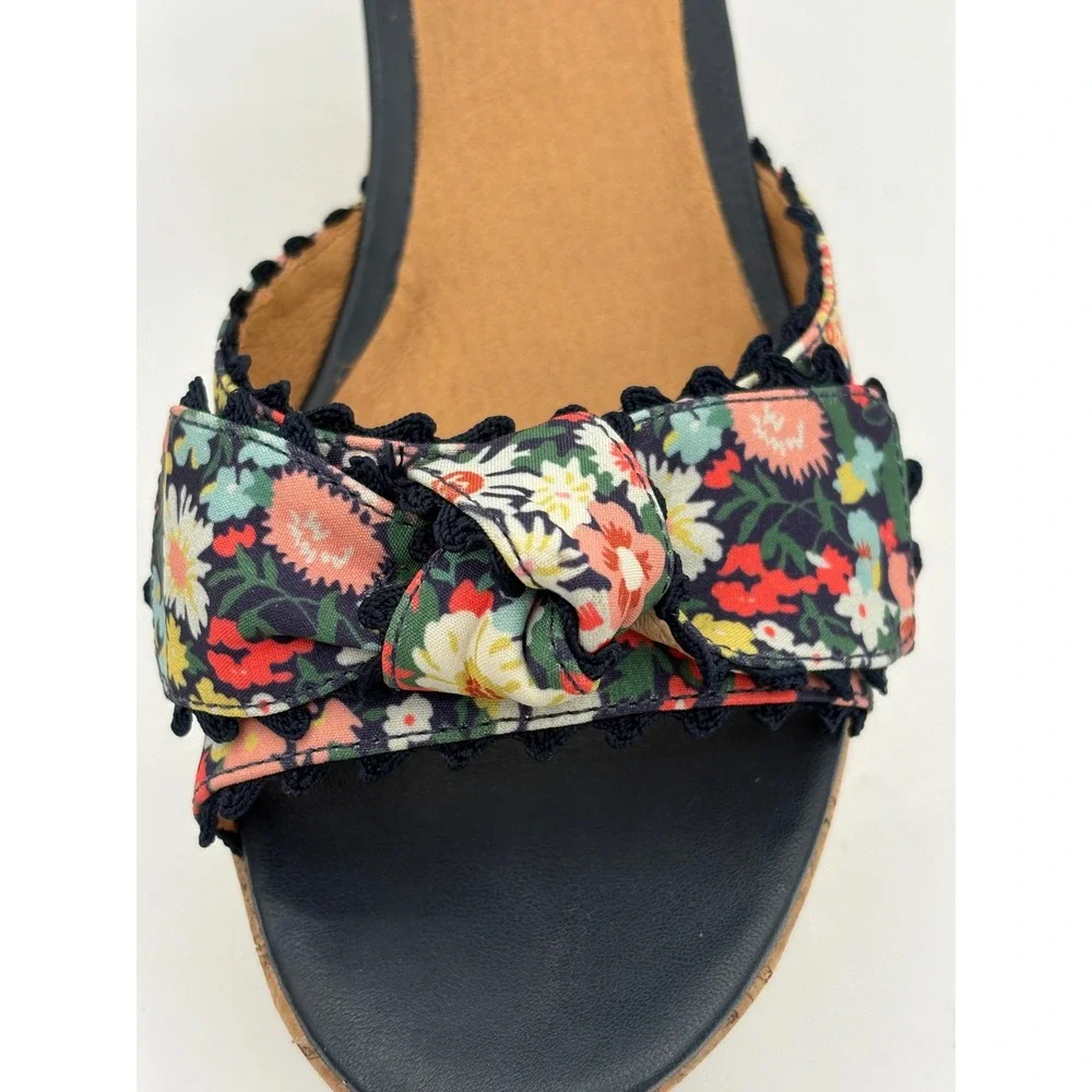 Jack Rogers Floral‎ Cork Wedge Sandals Navy Blue Leather Ankle Strap Platform 10